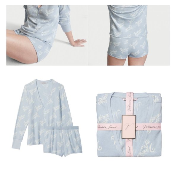 L VS Thermal Short PJ Set Blue w/ Victoria's Secret Script NWT Cute Adorable - Picture 9 of 9